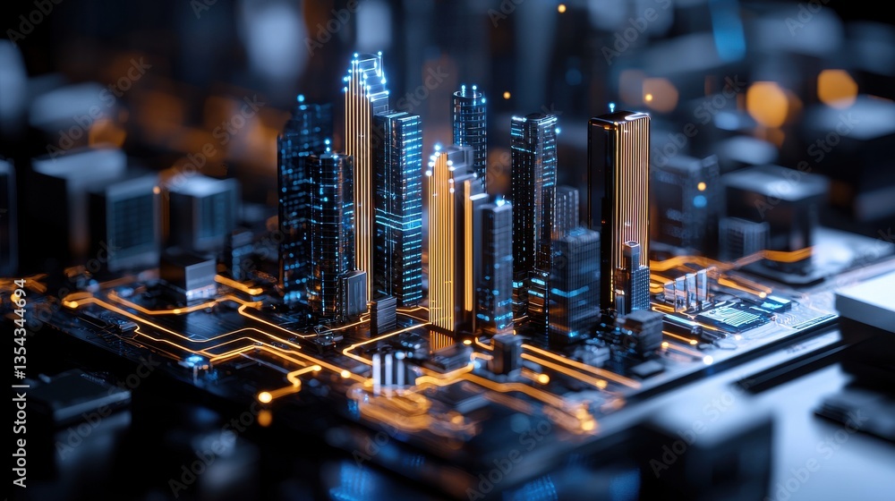 Poster futuristic cityscape with glowing skyscrapers and illuminated urban architecture at night modern 3d 
