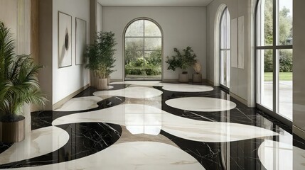For a timeless, refined appearance, a floor plan featuring expansive, flowing arches and curves is depicted in an opulent black and white marble combination.
