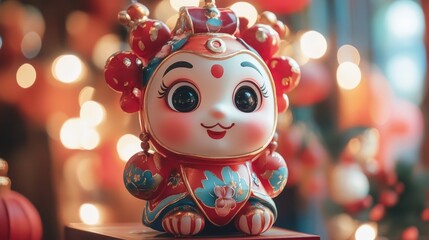 Fototapeta premium Festive Chinese doll, lantern bokeh, holiday decor