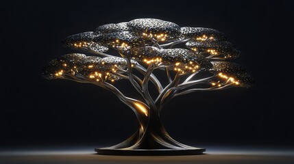 A futuristic 3D-crafted tree with embedded LED lighting that lights up its branches from within. It is constructed of metallic elements.