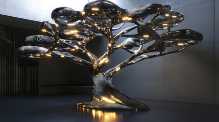A futuristic 3D crafted tree, made from metallic materials, featuring integrated LED lighting that illuminates its branches from within.