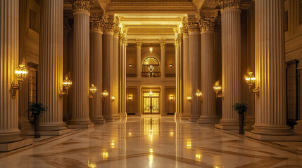 Fototapeta premium grand hall with massive fluted columns and ornate lighting