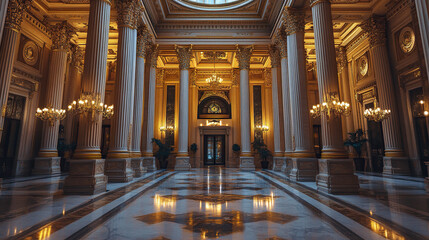 Naklejka premium grand hall with ornate columns and chandeliers exudes elegance