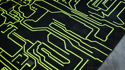"A futuristic abstract pattern rug with neon lines and sharp angles, reminiscent of circuit board pathways in neon green on black."