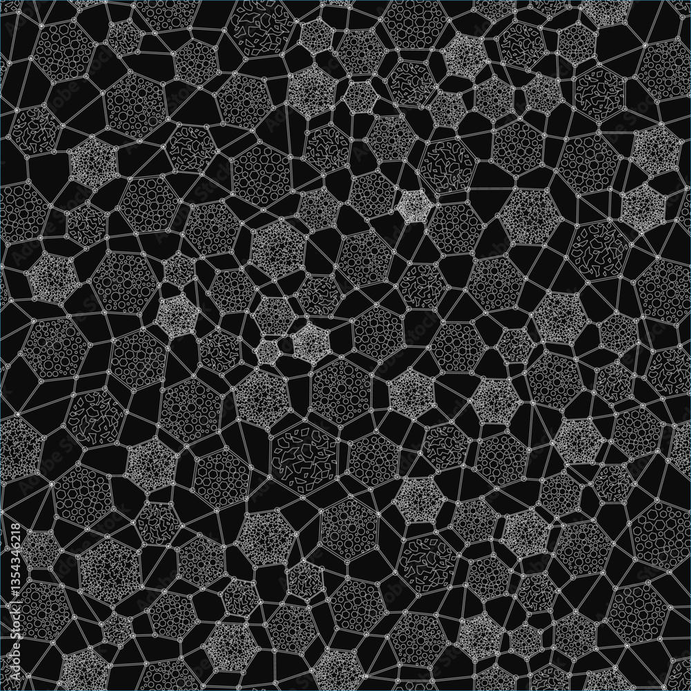 Poster a black and white image with a lot of dots and squares. the image is abstract and has a lot of textu
