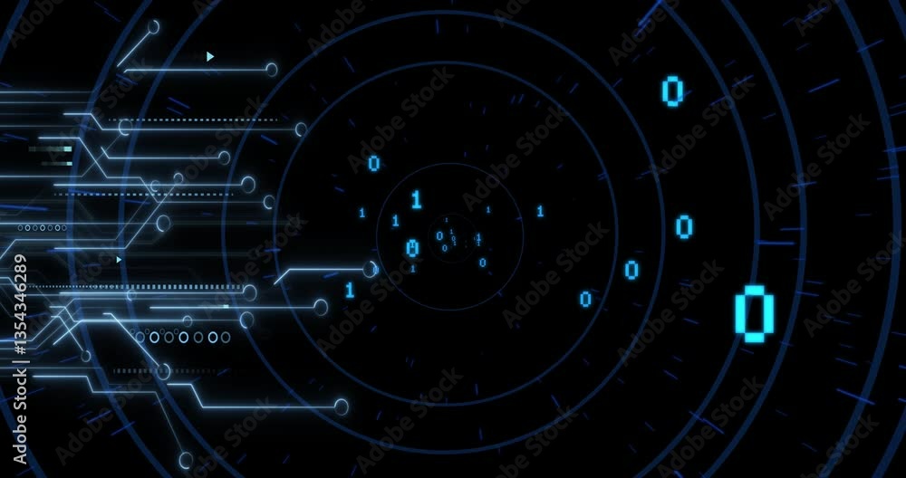 Poster animation of digital interface elements with binary code for futuristic technology