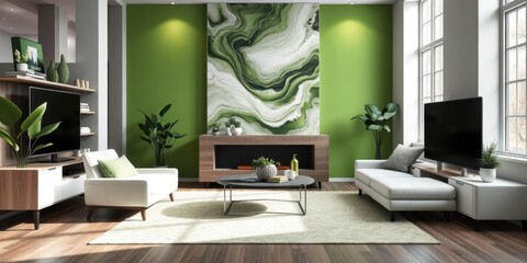 Modern Living Room Interior Design Green Wall White Sofa Abstract Art
