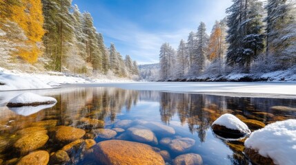 Frozen river, winter wonderland.  Clear, tranquil water reflecting the snow-covered trees