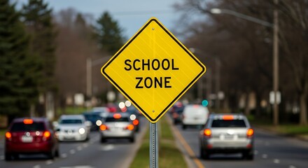 Yellow School Zone Sign on a Busy Street