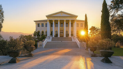 Fototapeta premium grand neoclassical mansion with towering white columns at sunset