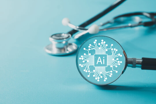 Artificial intelligence in healthcare, magnifying glass highlighting AI with a stethoscope in the background, representing medical technology, innovation, and future health solutions.