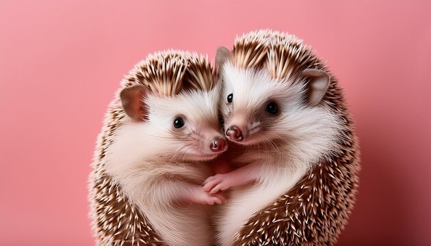 two adorable hedgehogs hugging each other on pink background