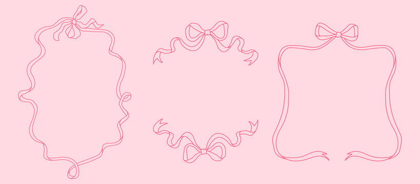 Set of 3 Hand-drawn vector ribbon frame with pink bow for valentines, posters, and wedding invitations. Cute decorative border