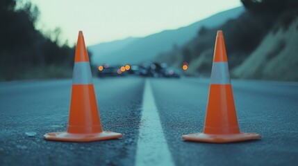 Accident Scene: Two Orange Traffic Cones on Asphalt Road