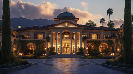 Fototapeta premium Grand Renaissance inspired estate with towering columns at sunset
