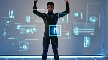 African American Man in a Futuristic Suit surrounded by Digital Graphics - Powered by Adobe