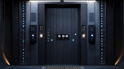 A futuristic gateway with a black timber door and integrated high-tech security systems, such as concealed surveillance cameras and bio metric scanners.