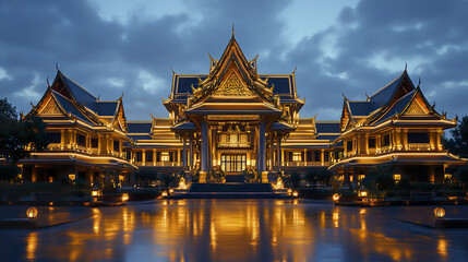 Naklejka premium Grand Thai palace style house with golden lights reflecting on water