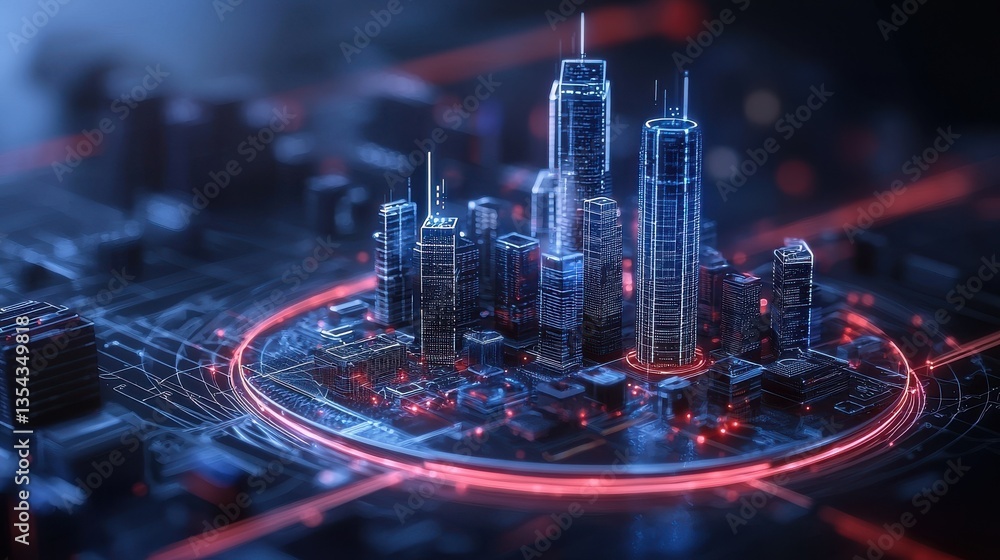 Aufkleber glowing futuristic city skyline with illuminated skyscrapers and digital data network vibrant 3d vis