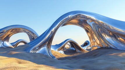 A futuristic landscape of wavy, undulating structures resembling a surreal desert, with curves and arches molded from reflective metallic materials.