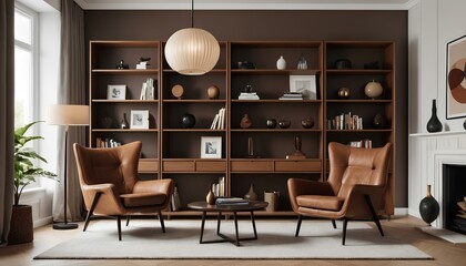 Modern-retro living room with warm brown tones and stylish furniture. Two brown leather armchairs with wooden legs face each other,A large wooden bookshelf, filled with books, decorative objects