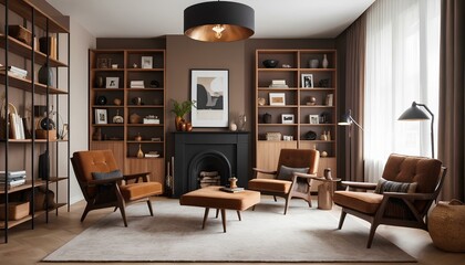 Modern-retro living room with warm brown tones and stylish furniture. Two brown leather armchairs with wooden legs face each other,A large wooden bookshelf, filled with books, decorative objects