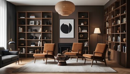 Modern-retro living room with warm brown tones and stylish furniture. Two brown leather armchairs with wooden legs face each other,A large wooden bookshelf, filled with books, decorative objects