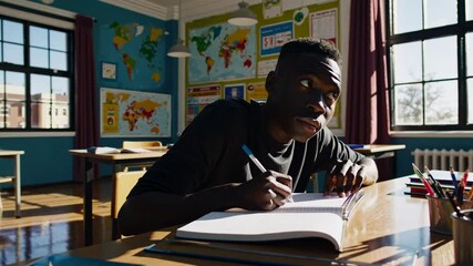 A wide-angle video shot of a student studying in a sunlit classroom, featuring colorful maps and educational posters on the walls. Live desktop wallpaper.