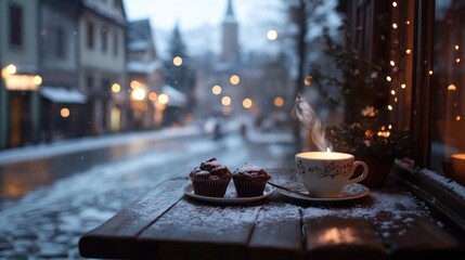 Snowy winter cafe scene with cupcakes and tea