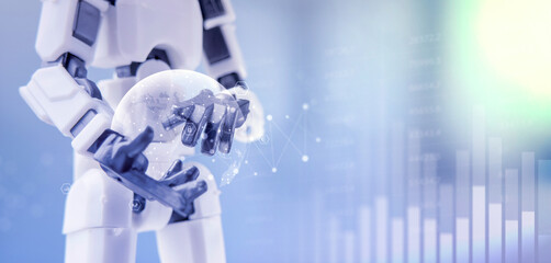 "Humanoid Robot Holding a Digital Globe of Connectivity. A Futuristic Vision of Artificial Intelligence and Global Networks on a High-Tech Blue Background