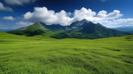 Fototapeta premium Lush alpine meadow stretches beneath towering peaks. Vast expanse of vibrant green grass, punctuated by rocky outcrops, and dramatic mountain ranges. 