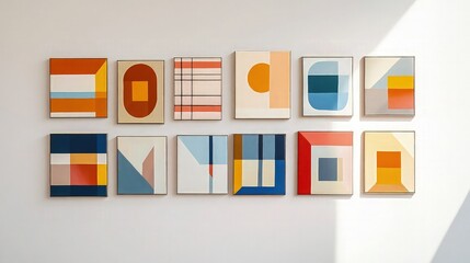 A series of tiny abstract paintings exploring various geometric patterns in a single color scheme are shown on a gallery wall.