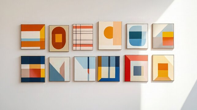 A series of tiny abstract paintings exploring various geometric patterns in a single color scheme are shown on a gallery wall.
