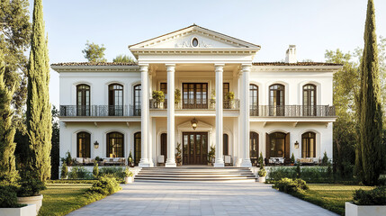 Obraz premium Elegant Greek inspired villa with white columns and lush greenery