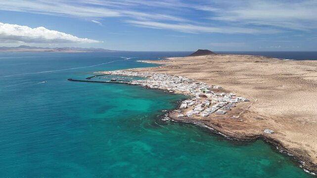 La Graciosa, Lanzarote Aerial View. Caleta del Sebo. Volcanic landscape of La Graciosa island with dramatic coastal cliffs and the Atlantic Ocean. Canary Islands. Spain.