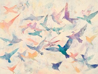 Fototapeta premium Colorful watercolor birds flying gracefully together upwards.