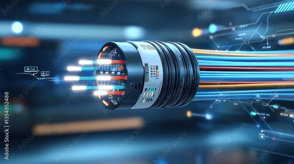 Poster futuristic digital circuit board with flowing data and glowing blue lights representing high speed c
