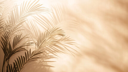 Palm leaf shadows and sunlight patterns on neutral walls with tropical light aesthetics, including close-up of green palm frond against clear blue sky, ideal for summer background and minimal design