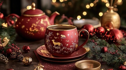 Fototapeta premium A Festive Christmas Tea Setting with Elegant Red and Gold Teacup and Teapot