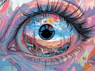 Artistic eye reflects vivid landscape colorful psychedelic dreamlike expression.