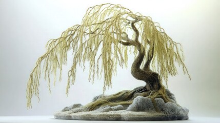 A highly detailed 3D sculpture of a weeping willow, its elegant drooping branches crafted with fine silken threads to mimic the delicate foliage.