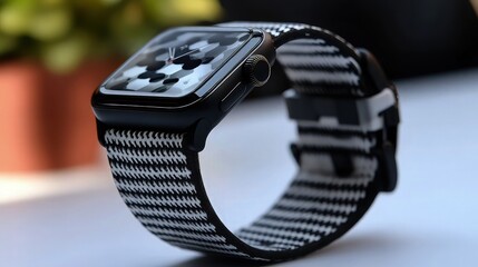 An advanced smartwatch band that highlights its sleek and fashionable appearance with a black and white hounds tooth pattern.