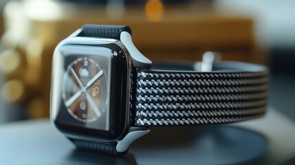 A high-tech smartwatch band designed with a black and white hounds tooth pattern, emphasizing its sleek and stylish appearance.