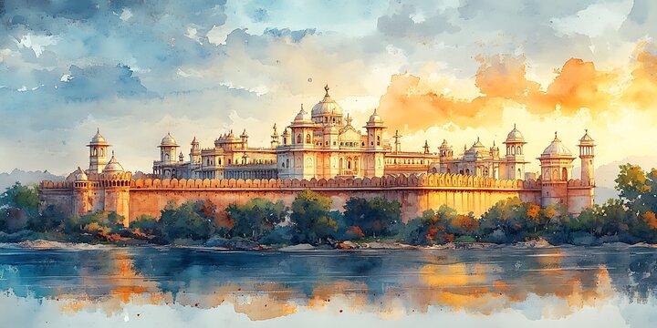 Watercolor of Datia Palace, Madhya Pradesh, India, Lakeside View