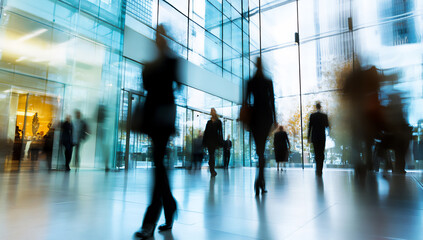 a blurred photograph of business people walking in an office building with