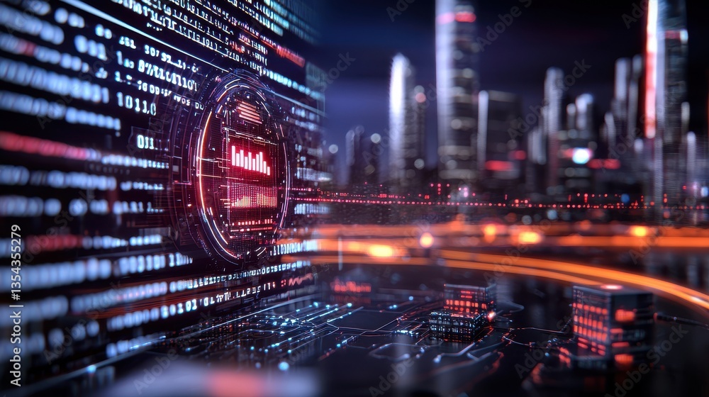 Poster futuristic digital cityscape with abstract data visualization financial analytics and advanced urban