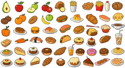 Colorful clipart of diverse foods, including fruits, fast food, and desserts.