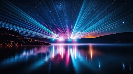 A display of lights over a calm lake, with colorful laser beams bouncing off the water's surface against a starry night sky.