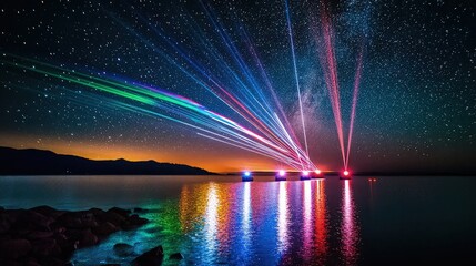 A light show over a serene lake, with beams of colorful lasers reflecting off the water surface under a starry night sky.