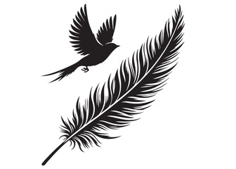 vector silhouette of a feather with flying bird logo, feather with flying bird logo icon, feather with bird logo design black animal, black feather with flying bird silhouettes on white background